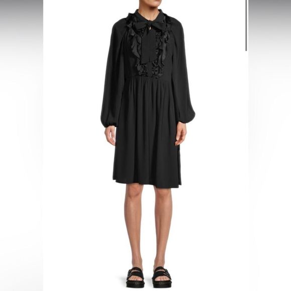 Ungaro Ari Ruffled Tie Neck Dress in Black Size Medium - Picture 1 of 12